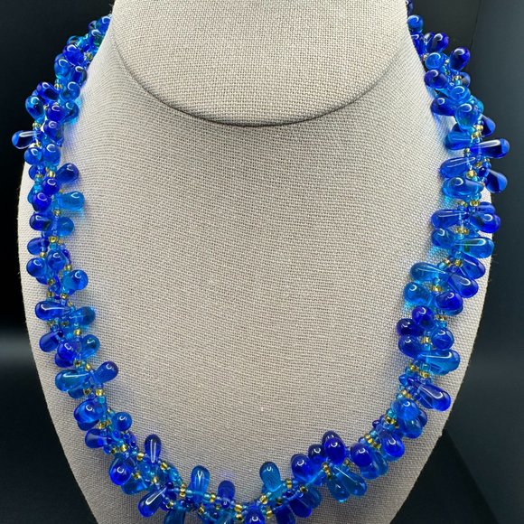 Vintage CZECH element blue teardrop glass beads clips on earrings and necklace - Picture 12 of 16